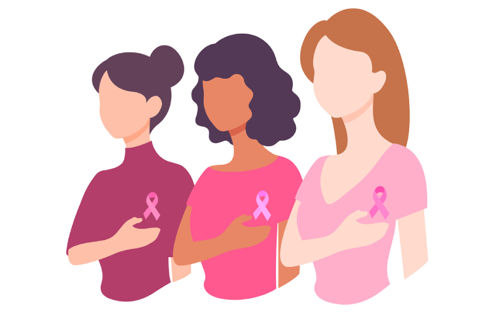 Three women wearing pink ribbons, symbolizing breast cancer awareness, standing united in support and solidarity.
